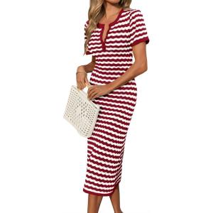 imageCicy Bell Womens Short Sleeve Midi Dress Crochet Knit Hollow Out Striped Rickrack Summer Sweater DressesRed