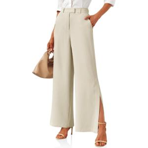 imageCicy Bell Womens Side Split Dress Pants Elastic High Waisted Wide Leg Business Casual Trousers with PocketsBeige