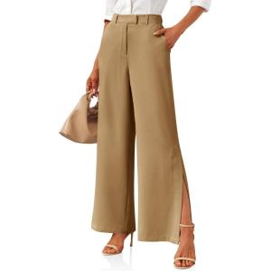 imageCicy Bell Womens Side Split Dress Pants Elastic High Waisted Wide Leg Business Casual Trousers with PocketsKhaki