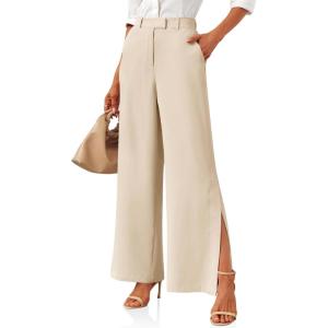 imageCicy Bell Womens Side Split Dress Pants Elastic High Waisted Wide Leg Business Casual Trousers with PocketsLight Khaki