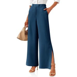 imageCicy Bell Womens Side Split Dress Pants Elastic High Waisted Wide Leg Business Casual Trousers with PocketsNavy Blue