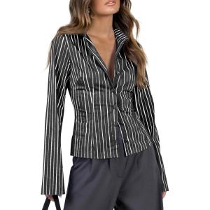 imageCicy Bell Womens Striped Button Down Shirts Flare Long Sleeve Collared V Neck Business Work Office Blouse TopsBlack