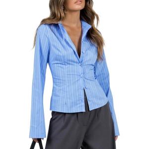 imageCicy Bell Womens Striped Button Down Shirts Flare Long Sleeve Collared V Neck Business Work Office Blouse TopsBlue