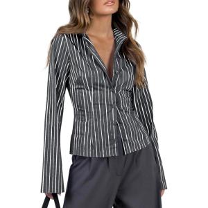 imageCicy Bell Womens Striped Button Down Shirts Flare Long Sleeve Collared V Neck Business Work Office Blouse TopsDark Grey