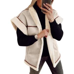 imageCicy Bell Womens Suede Sherpa Vest Faux Fur Shearling Jacket Oversized Cap Sleeve Button Down Winter CoatsBeige