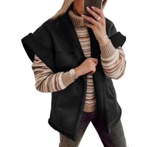 imageCicy Bell Womens Suede Sherpa Vest Faux Fur Shearling Jacket Oversized Cap Sleeve Button Down Winter CoatsBlack