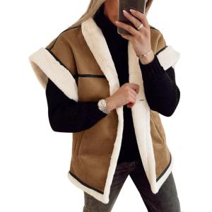 imageCicy Bell Womens Suede Sherpa Vest Faux Fur Shearling Jacket Oversized Cap Sleeve Button Down Winter CoatsBrown