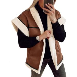 imageCicy Bell Womens Suede Sherpa Vest Faux Fur Shearling Jacket Oversized Cap Sleeve Button Down Winter CoatsCamel