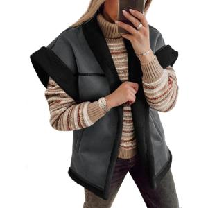 imageCicy Bell Womens Suede Sherpa Vest Faux Fur Shearling Jacket Oversized Cap Sleeve Button Down Winter CoatsGrey