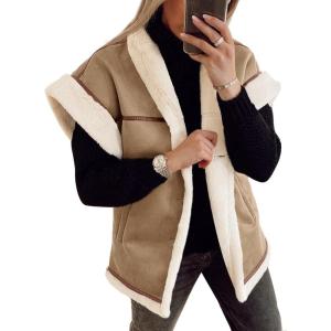 imageCicy Bell Womens Suede Sherpa Vest Faux Fur Shearling Jacket Oversized Cap Sleeve Button Down Winter CoatsKhaki