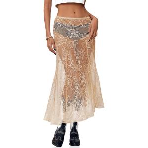 imageCicy Bell Womens Summer Lace Maxi Skirt Elastic Waist SeeThrough Asymmetric Hem Beach Cover Up Long SkirtBeige