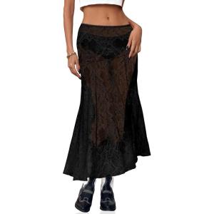 imageCicy Bell Womens Summer Lace Maxi Skirt Elastic Waist SeeThrough Asymmetric Hem Beach Cover Up Long SkirtBlack