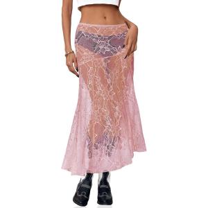 imageCicy Bell Womens Summer Lace Maxi Skirt Elastic Waist SeeThrough Asymmetric Hem Beach Cover Up Long SkirtLight Pink