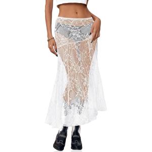 imageCicy Bell Womens Summer Lace Maxi Skirt Elastic Waist SeeThrough Asymmetric Hem Beach Cover Up Long SkirtWhite