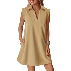 imageCicy Bell Womens Summer Mini Dress Cap Sleeve Collared V Neck Casual Ribbed A Line Tunic Shirt DressesKhaki