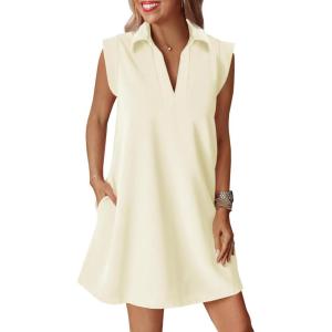 imageCicy Bell Womens Summer Mini Dress Cap Sleeve Collared V Neck Casual Ribbed A Line Tunic Shirt DressesWhite
