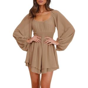 imageCicy Bell Womens Summer Rompers Lantern Long Sleeve Flowy Ruffle Hem Square Neck Casual Short JumpsuitKhaki