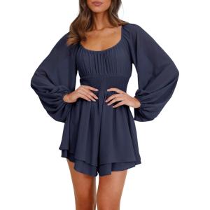 imageCicy Bell Womens Summer Rompers Lantern Long Sleeve Flowy Ruffle Hem Square Neck Casual Short JumpsuitNavy Blue