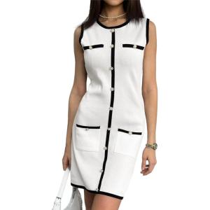imageCicy Bell Womens Summer Work Business Knit Dress Casual Button Color Block Crewneck Bodycon Sleeveless Mini DressesWhite