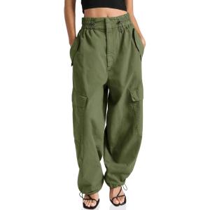 imageCicy Bell Womens Wide Leg Cargo Pants Baggy Smocked Waist Fashion Pants with PocketsArmy Green