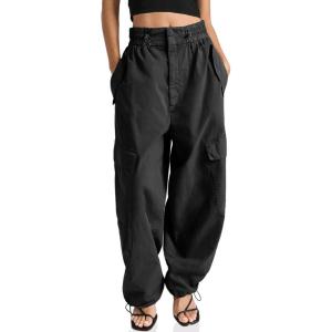 imageCicy Bell Womens Wide Leg Cargo Pants Baggy Smocked Waist Fashion Pants with PocketsBlack
