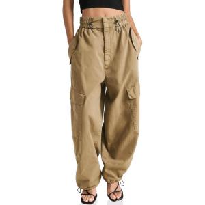 imageCicy Bell Womens Wide Leg Cargo Pants Baggy Smocked Waist Fashion Pants with PocketsKhaki