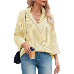 imageCicy Bell Womens Work Blouse Striped Button Down Shirts V Neck 34 Sleeve Dressy Casual TopsBeige Yellow