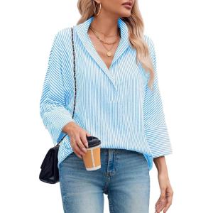 imageCicy Bell Womens Work Blouse Striped Button Down Shirts V Neck 34 Sleeve Dressy Casual TopsBlue