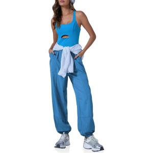 imageCicy Bell Womens Workout Athletic Jumpsuits Activewear Yoga Running Cross Back Long Pants Romper with PocketsBlue