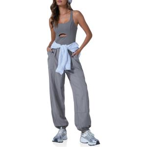 imageCicy Bell Womens Workout Athletic Jumpsuits Activewear Yoga Running Cross Back Long Pants Romper with PocketsGrey
