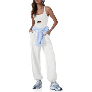 imageCicy Bell Womens Workout Athletic Jumpsuits Activewear Yoga Running Cross Back Long Pants Romper with PocketsWhite
