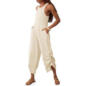 imageCicy Bell Womens Workout Casual Jumpsuits Sleeveless Zip Up Back Wide Leg Long Pants Romper with PocketsBeige