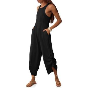 imageCicy Bell Womens Workout Casual Jumpsuits Sleeveless Zip Up Back Wide Leg Long Pants Romper with PocketsBlack