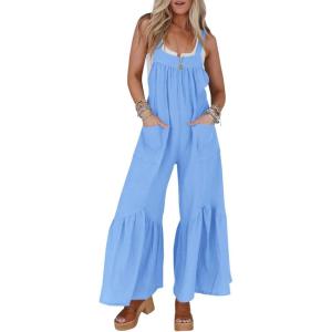 imageCicy Belll Womens Wide Leg Ruffle Jumpsuits Open Back Summer Casual Boho Long Pants RompersBlue