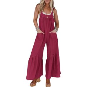 imageCicy Belll Womens Wide Leg Ruffle Jumpsuits Open Back Summer Casual Boho Long Pants RompersBurgundy