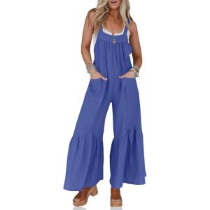 imageCicy Belll Womens Wide Leg Ruffle Jumpsuits Open Back Summer Casual Boho Long Pants RompersDark Blue