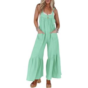 imageCicy Belll Womens Wide Leg Ruffle Jumpsuits Open Back Summer Casual Boho Long Pants RompersGreen