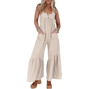 imageCicy Belll Womens Wide Leg Ruffle Jumpsuits Open Back Summer Casual Boho Long Pants RompersKhaki