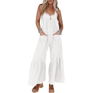 imageCicy Belll Womens Wide Leg Ruffle Jumpsuits Open Back Summer Casual Boho Long Pants RompersWhite