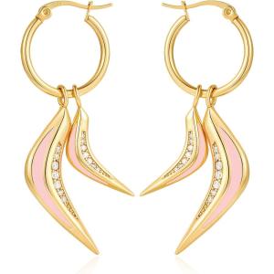 imageCicy Bell 14k Gold Plated HornShaped Dangle Earrings for Women Cubic Zirconia Clip On Huggie Drop Earrings Trendy Jewelry GiftYellow Gold