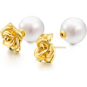 imageCicy Bell Shell Pearl Ear Jackets Earrings for Women 18k Gold Plated Rose Stud Earrings Double Side Front Back Earrings Jewelry GiftsWhite Gold