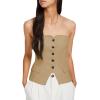 imageCicy Bell Notched Neck Tube Tops Blazer Sleeveless Button Fitted Strapless Work Blazer VestKhaki