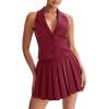 imageCicy Bell Womens Summer 2 Piece Outfits V Neck Blazer Vest Matching Sets and Mini Pleated SkirtsBurgundy