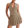 imageCicy Bell Womens Summer 2 Piece Outfits V Neck Blazer Vest Matching Sets and Mini Pleated SkirtsKhaki