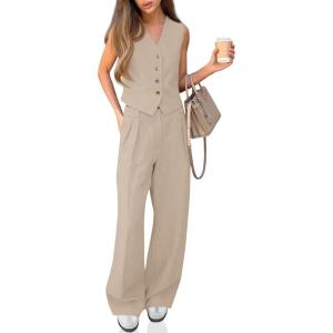 imageCicy Bell Womens 2 Piece Outfits V Neck Crop Vest Blazer and Wide Leg Suit Pants SetsApricot
