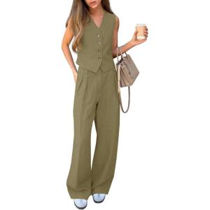 imageCicy Bell Womens 2 Piece Outfits V Neck Crop Vest Blazer and Wide Leg Suit Pants SetsArmy Green
