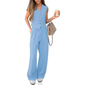 imageCicy Bell Womens 2 Piece Outfits V Neck Crop Vest Blazer and Wide Leg Suit Pants SetsBlue