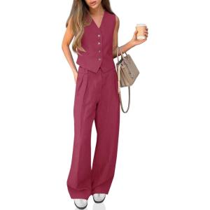 imageCicy Bell Womens 2 Piece Outfits V Neck Crop Vest Blazer and Wide Leg Suit Pants SetsBurgundy