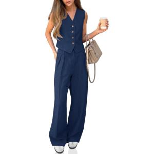 imageCicy Bell Womens 2 Piece Outfits V Neck Crop Vest Blazer and Wide Leg Suit Pants SetsDark Blue