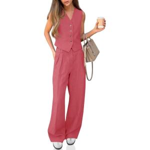 imageCicy Bell Womens 2 Piece Outfits V Neck Crop Vest Blazer and Wide Leg Suit Pants SetsDark Pink